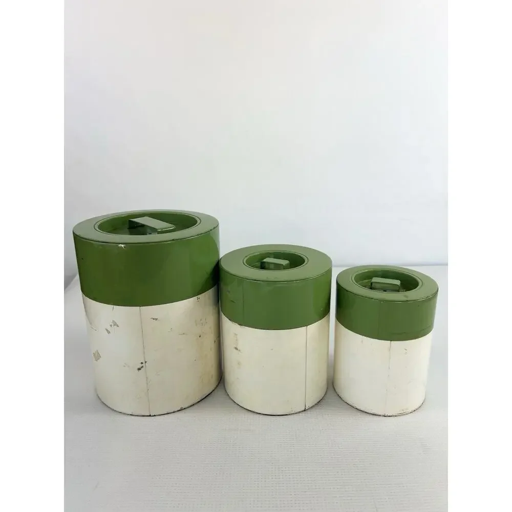 Vintage 70s Leaves & Fruit Kitchen Metal Canisters Nesting Green Cream READ
